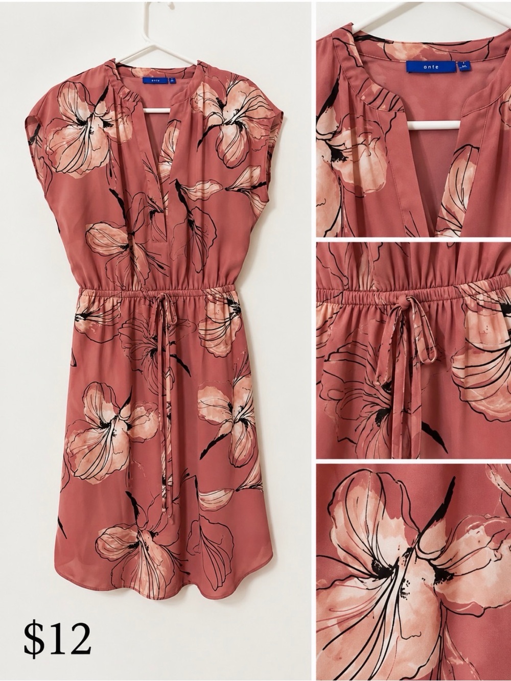 Apt. 9 Dusty Rose Floral Drawstring Waist Casual Dress